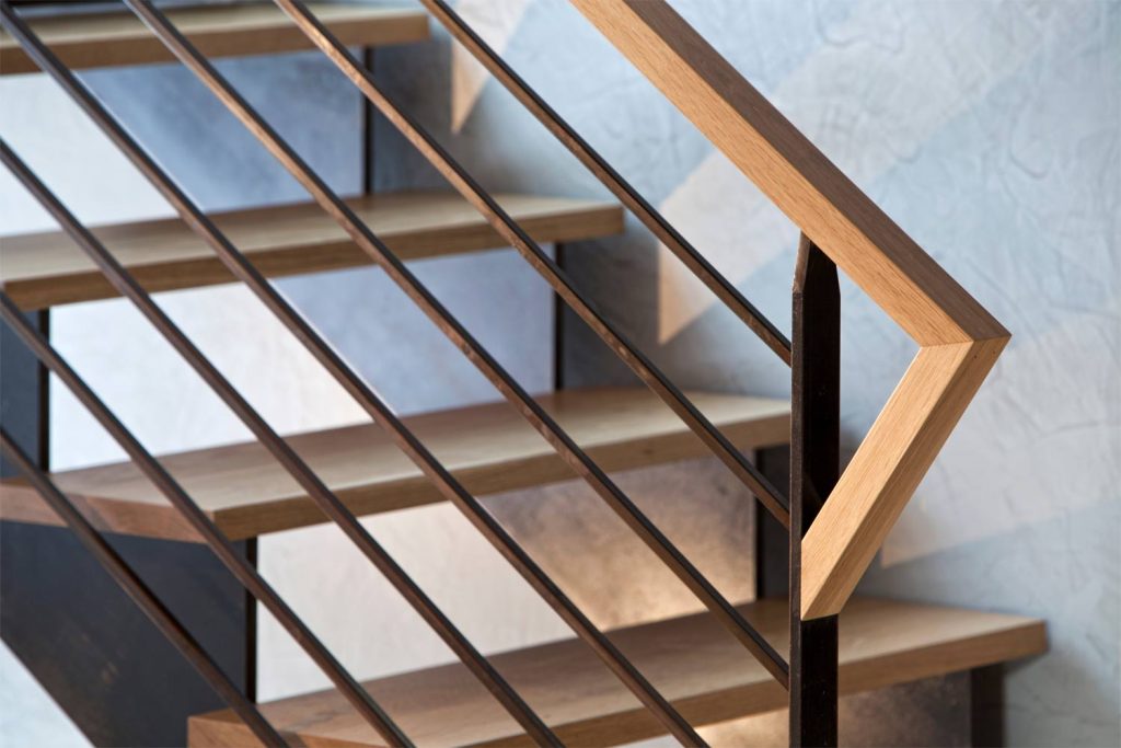 A close-up of a wooden staircase