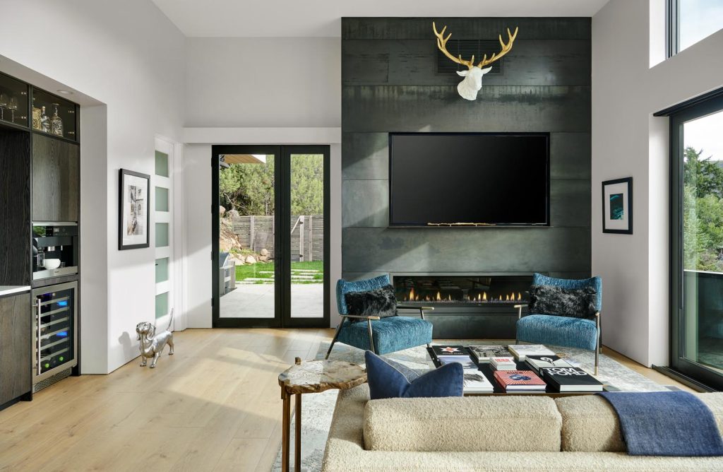 A built-in fireplace in an upscale living room