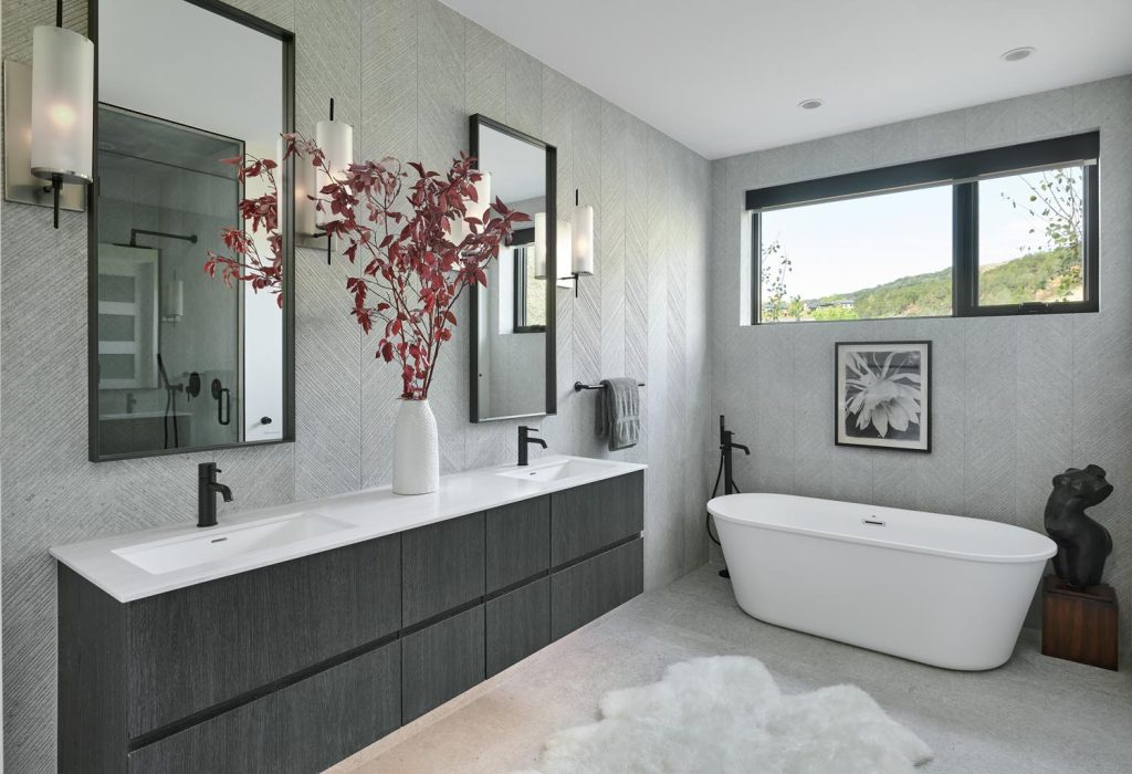 A luxury bathroom with a freestanding bathtub