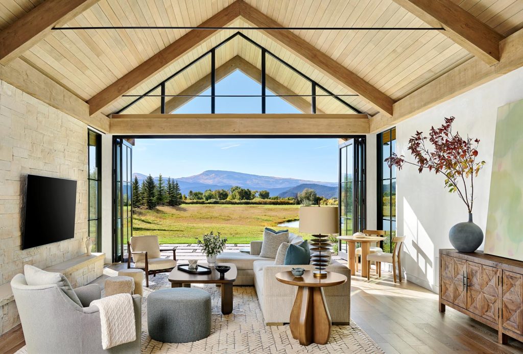 A vaulted ceiling accentuates the open feel of this living room