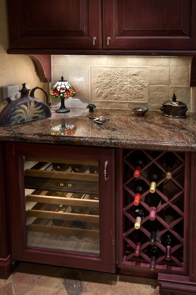 A custom wine fridge and wine rack