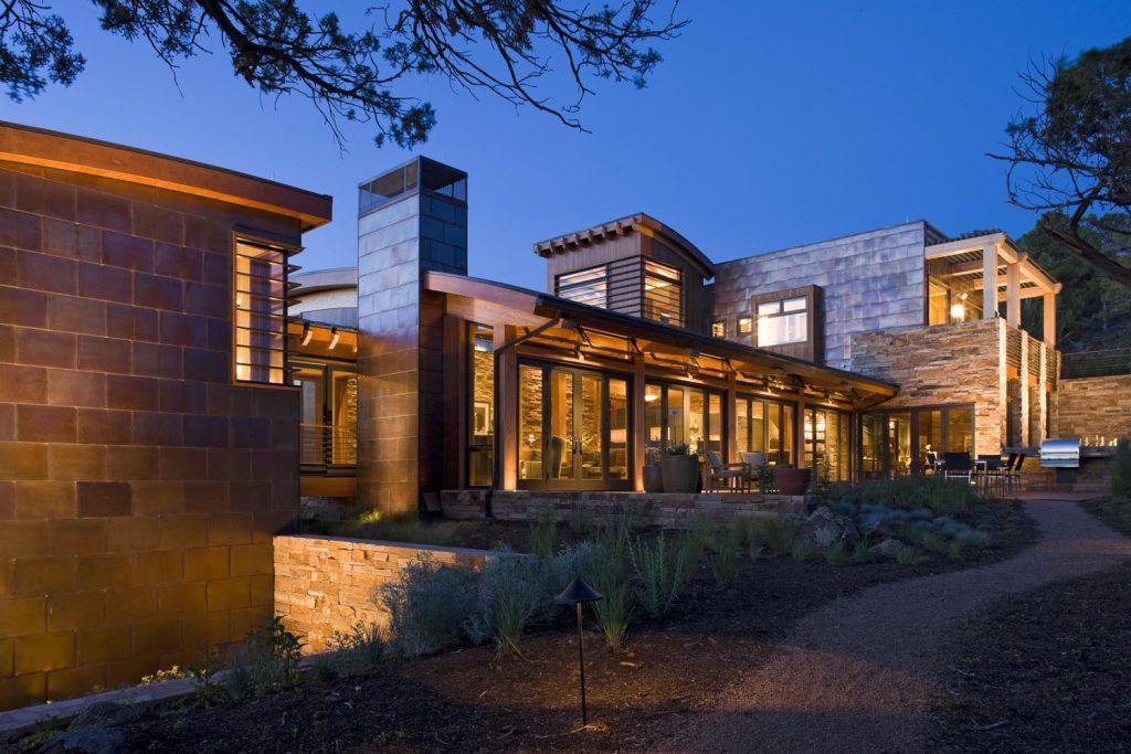 A luxury home at night