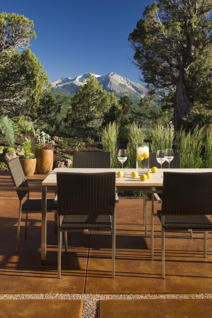 A beautiful mountain view from a custom outdoor dining space