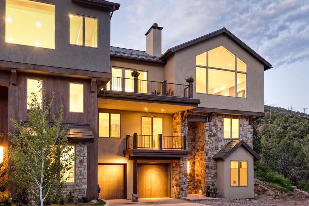 A luxury home at dusk