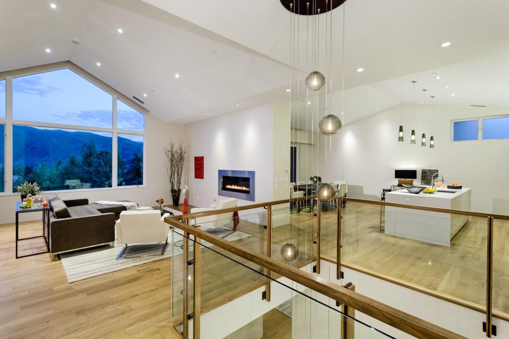 An open floor plan for a luxury home kitchen and living room