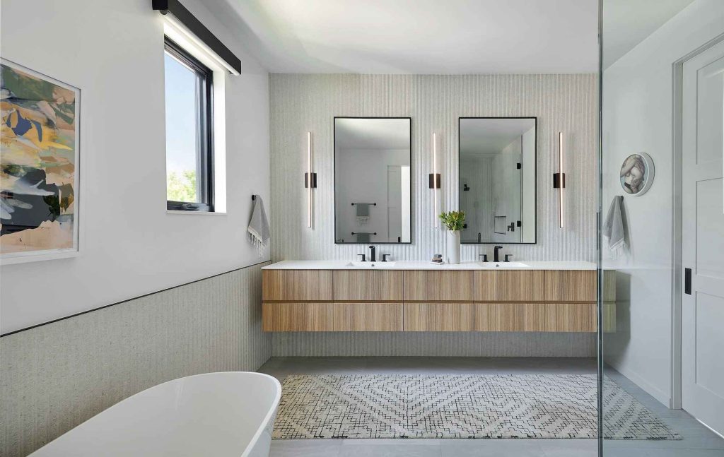 A crisp, gray master bathroom