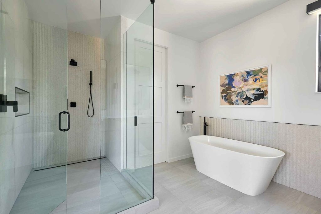 A crisp, gray master bathroom